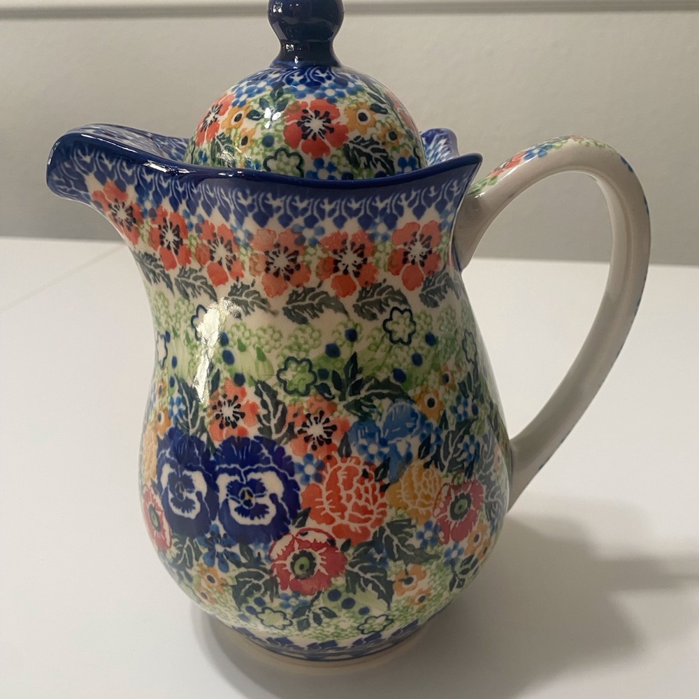 Polish Pottery Floral Ceramic Pitcher with Blue Accents